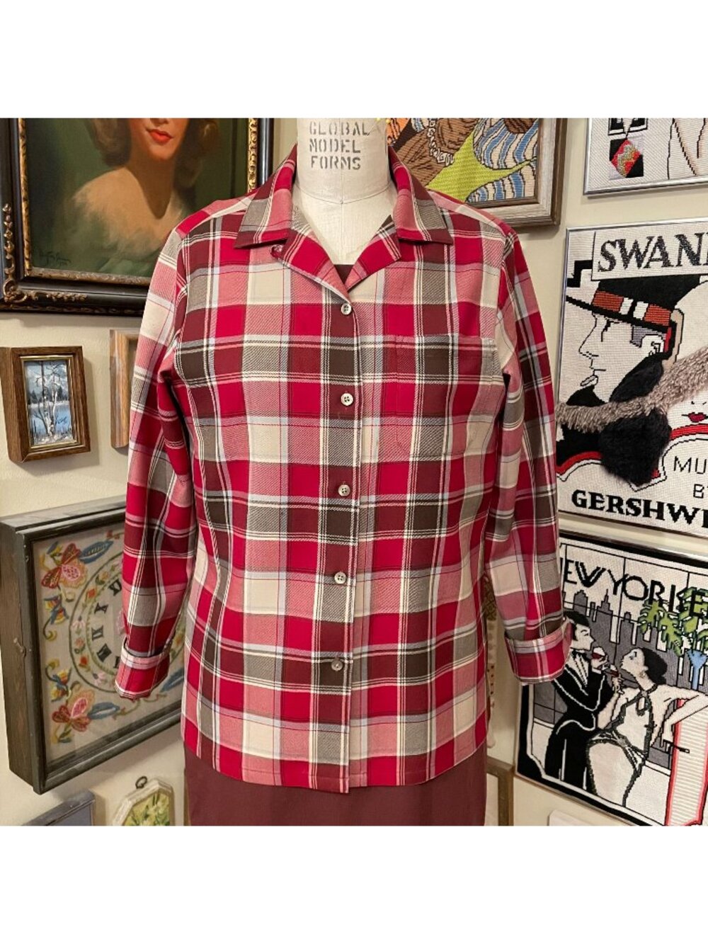 Pendleton Originals Red Black Tan Plaid 100% Wool Zephyr Cloth Shirt Size XS